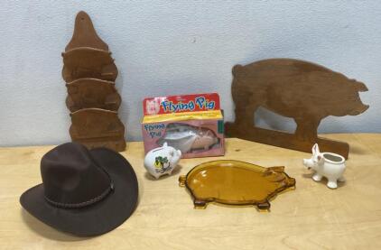 &ldquo;When Pigs Fly&rdquo; you said, Well Now is that Time - Assorted Pig D&eacute;cor Lot w/ Flying Pig Toy, Wooden Plaques, Amber Tray, Ceramic Items, Brown Cowboy Hat (57 cm)