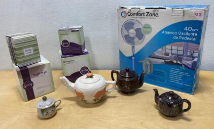 Comfort Zone 16" Pedestal Fan CZST161BTEPDS Powers On, 4 Scentsy Warmers/Wraps, 3 Ceramic Teapots, Creamer