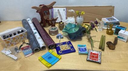Mixed Lot Decorative Glass Art, Wood Crafts, Books, Candles, and Craft Supplies - 25+ Pieces