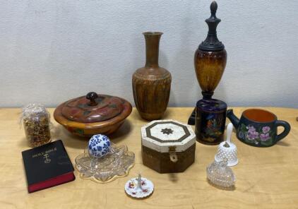 Assorted Vintage Decor Lot - Wood, Ceramic, Glass, Holy Bible, 12 Pieces