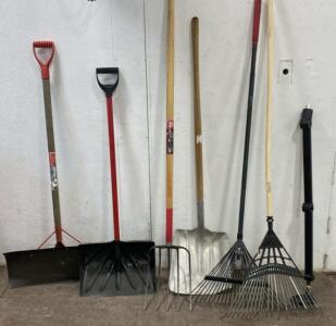 Lot of 7 Tools: Snow Shovels, Pitchfork, Leaf Rakes, Adjustable Handle, Wood & Fiberglass
