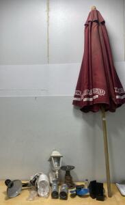 Arrowhead 7.5 Ft Burgundy Patio Umbrella, Wood Pole, Light Fixture, Assorted Hardware Lot