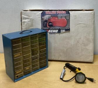 Echo Chainsaw Accessory Value Pack Box, 30-Drawer Parts Organizer, Corded Work Light Bundle