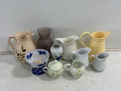 Mixed Decorative Pitchers, Noritake Lineage Creamer & Sugar, Compote Bowl, Glass Vase