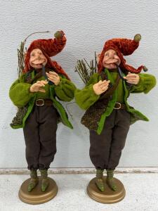 The Twins. Pair of Handcrafted 14" Fantasy Elf/Gnome Dolls with Velvet Hats, Pipes, and Woodland Accessories
