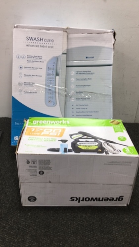 (1) Greenworks 1700 Psi 1.2 GPM Pressure Washer (1) Brondell Swash Toilet Seat