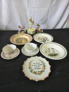 Home Decor: Horse figurines, Music box merry go round horse, (2) tea cups with matching saucers, (2) decorative plates, (2) decorative bowls.