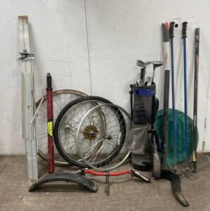 Assorted Mixed Sporting Goods Lot &ndash; Golf Clubs, Bag, Bicycle Wheels/Parts, Skis, Studio Easel