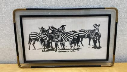 Framed Black-and-White Zebra Silkscreen by Tara in Tubular Metal Frame 14x23&rdquo;