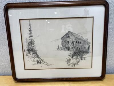 Framed J. Kane Pen-and-Ink Drawing &ndash; Rural Stone Building, Trees, Creek, Signed 22x18&rdquo;