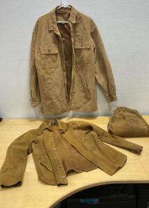 Bridge Men's Large Genuine Leather Jackets and 32 Waist Pants Set, Brown, Button-Up, Made in China