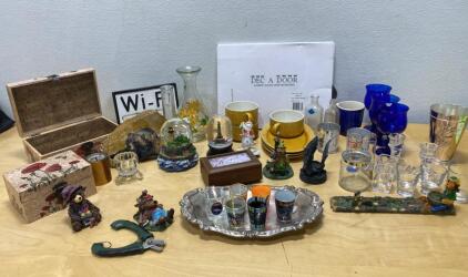 Eclectic Decor & Collectibles Lot: Glassware, Figurines, Vintage Cups, Dec A Door Included
