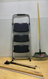 3-Step Folding Ladder, 24-Inch Leaf Rake, Adjustable Walking Cane, Yardstick, Wooden Handle