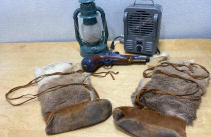 Lakewood Electric Heater Powers On , Pair Fur Moccasins , Blue Lantern & Decorative Flintlock Pistol Lot