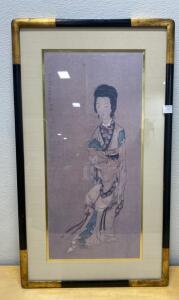 Framed Chinese Ink & Watercolor Portrait of Woman, Gold/Black Wood Frame, Artist's Seals - 21x35&rdquo;