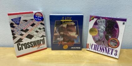 Lot of 3 Sealed 1990s PC Games: Pirates! Gold Classic (MicroProse), Chessnet 3, Crossword Magic
