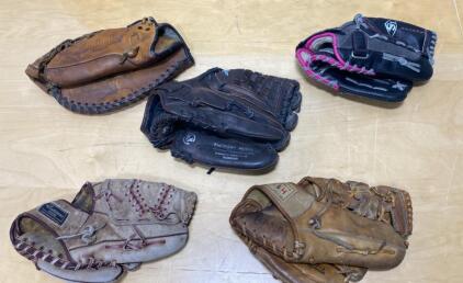 Lot of 5 Baseball & Softball Gloves: Mizuno Fastpitch, Worth Youth, Assorted Brands/Types