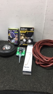 (2) Solar LED Spotlights kits (1) Wheelbarrow Wheel and Tire (1) Orbit Large Sprinkler (1) Style selections 18&rdquo; Towel Bar (1) Red Garden hose