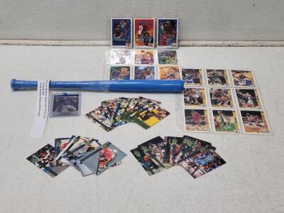 Assorted Sports Cards Lot! Including (32) Assorted Sports Cards, (2) Binder Pages of 9, & (1) Hak-Ju Lee Autographed Mini Blue Baseball Bat & Card.
