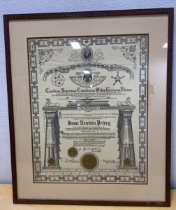 Scottish Rite 33rd Degree Masonic Certificate Issued to Isaac Newton Petrey, Framed, #22231- 29x25&rdquo;