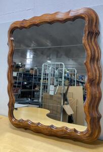 Large Scalloped Ornate Wooden Wall Mirror, Carved Vintage Style, 42"x36", Rustic Finish