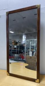 Rectangular Wall Mirror with Wood Frame and Brass Corner Accents, 42x21", Wall Mount
