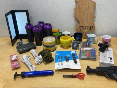 Mixed Lot: 5 Shaker Bottles, LED Menu Holder , AV Switch, Mugs, Trump Cutting Board, USB Kit & More