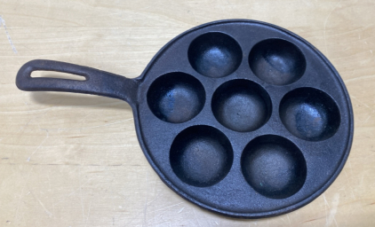 Vintage Cast Iron Aebleskiver 7-Cup Pan, Seasoned, 7.5" Diameter, Pancake Ball Danish Cookware