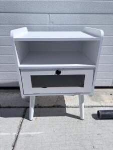 Modern White Nightstand with Glass Drawer, Tapered Legs, 17.7"x13.8"x23.6", Open Shelf