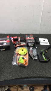 (3) Tape Measures (1) Aero flex Trimmer Heads (1) Greenworks Pressure washer Gun (1) Honeywell Thermostat (2) Kwikset Lock kits (1) GE Universal Remote