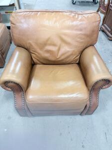 Light Brown Leather Club Chair with Nailhead Trim, Rolled Arms, Pillow Back, 42"x38"x36"