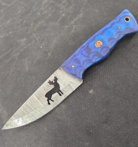 (1)Damascus Steel 4" Blue Wooden Handle Fixed Blade DEER Knife Please inspect in person.