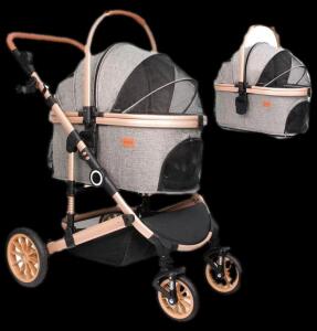BicyStar Pet Stroller 4-Wheel, 3-in-1 Foldable, 50lb Capacity, Detachable Carrier, Gray/Tan