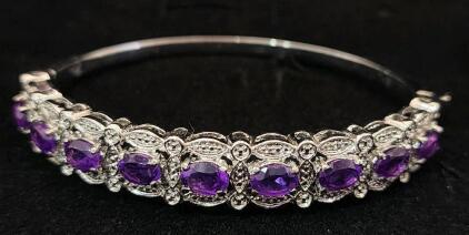 (1) Nine Stone Amethyst .316 Stainless Steel Bangle Bracelet