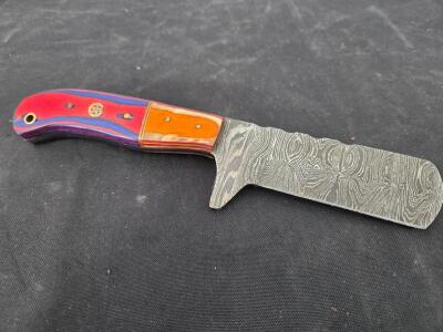 (1)Cowboy Bull Cutter Damascus Fixed Blade Steel knife 4" Red,Blue & Orange Wooden Handle in Sheath Please inspect in person.