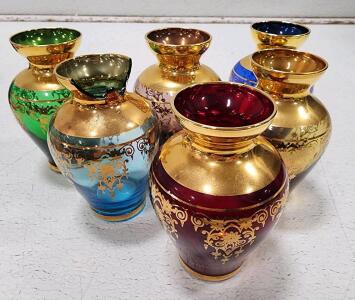 (6) Vintage Vecchia Murano Italian Colored Glass 24K Gold Vases VR Marks