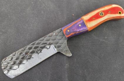 (1)Cowboy Bull Cutter Fixed Blade Steel knife 4" Red,White & Blue Wooden Handle in Sheath Please inspect in person.