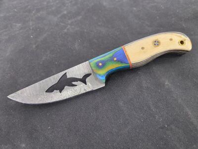 (1) Shark Attack Fixed Blade Damascus Steel 4" With Black &White- Green & Blue Wood Handle Please nispet in person.