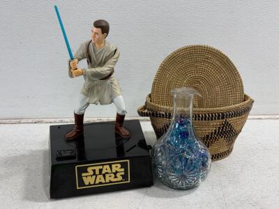 Star Wars Obi-Wan Kenobi Interactive Talking Coin Bank, Thinkway Toys 1998, Sound Effects - 11.5" Tall, broken hand, untested (needs 9 AA batteries). Hand woven basket with lid. Glass vase of glass beads.