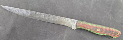 (1) Damascus Steel 8.5" Fixed Blade Green & Brown Wood Long Handle Knife. Please inspect in person.
