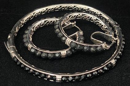 (1) Black Spinel Style Bangle Bracelet With Matching Hoop Earrings