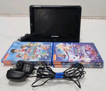 (1) Sylvania 7" Dual-Screen Portable DVD Player W/ PowerCords (4) Paw Patrol Movie DVDs