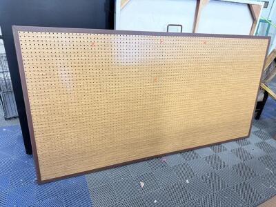 Freestanding Pegboard Display Panel, 8 ft x 3.5 ft, Portable, Woodgrain, Brown Frame