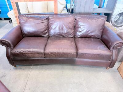 Brown Leather 3-Seat Sofa with Rolled Arms, Traditional Style, 85" Long, Wood Legs