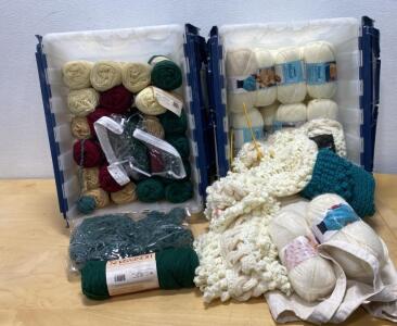 Caron Wintuk and Lion Brand Honeyspun Yarn Lot, 30+ Skeins, Worsted, Accessories, 2 Bins Full