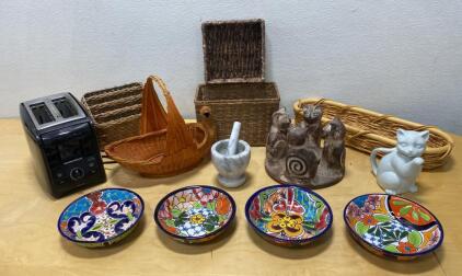Hamilton Beach Toaster(Powers On), Talavera Bowls, Marble Mortar & Pestle, Wicker Baskets & Cat Decor Lot