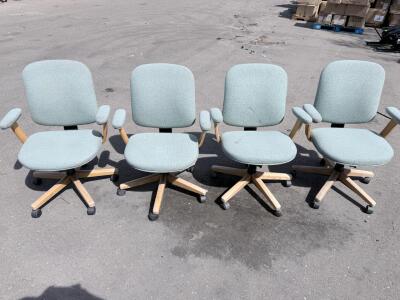 Set of 4 Blue Task Office Chairs with Wood Base, Padded Arms, Swivel & Casters, 24"x24"x34"