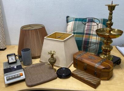 Mixed Lot: Sony Cassette Recorder, Amazon Echo, Vintage Clock, Decor, Pillow, Lamp Shades, Chests