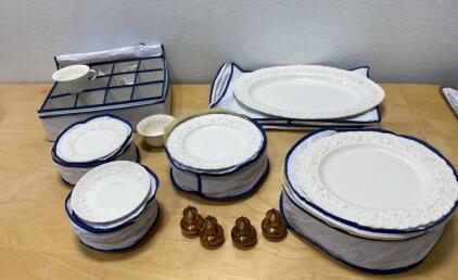 Wedgwood Embossed Queen's Ware Dinnerware Set, England, White Floral, Platters, Cups, Shakers