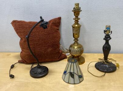 3 Table Lamps 20&rdquo; Tallest, Brass & Ornate Metal, 1 With Stained Glass Shade, Vintage Styles, 120V AC